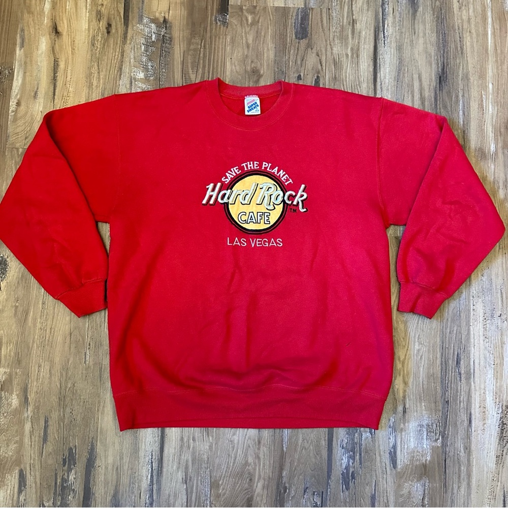 VTG 90s Red Hard Rock Cafe Las Vegas Save the Planet Embroidered Sweatshirt